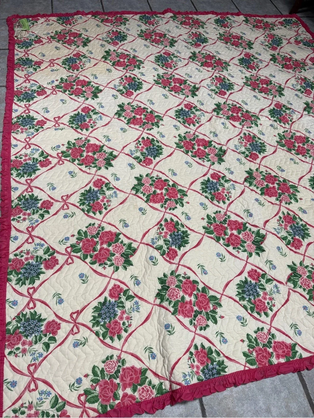 VTG Pink Roses Floral Quilted Bedspread OLDE KENTUCKY QUILTS 80x84” NOS